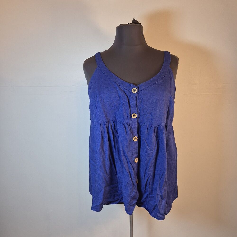 Terra & Sky Womens Plus Button Front Tank Top Size 1X (16W-18W) Blue Linen Blend